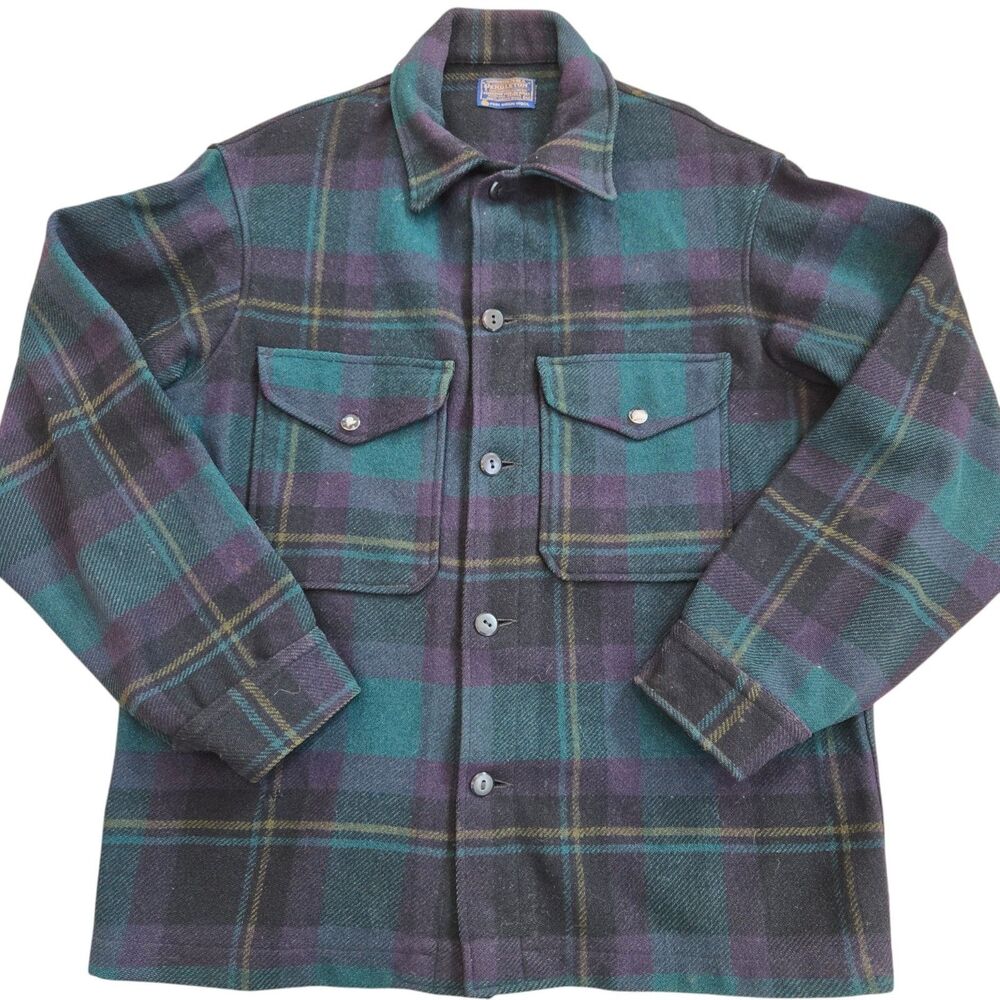 Vtg 1960s 70s Mens M Pendleton 100% Virgin Wool blue green Plaid Heavy Shacket